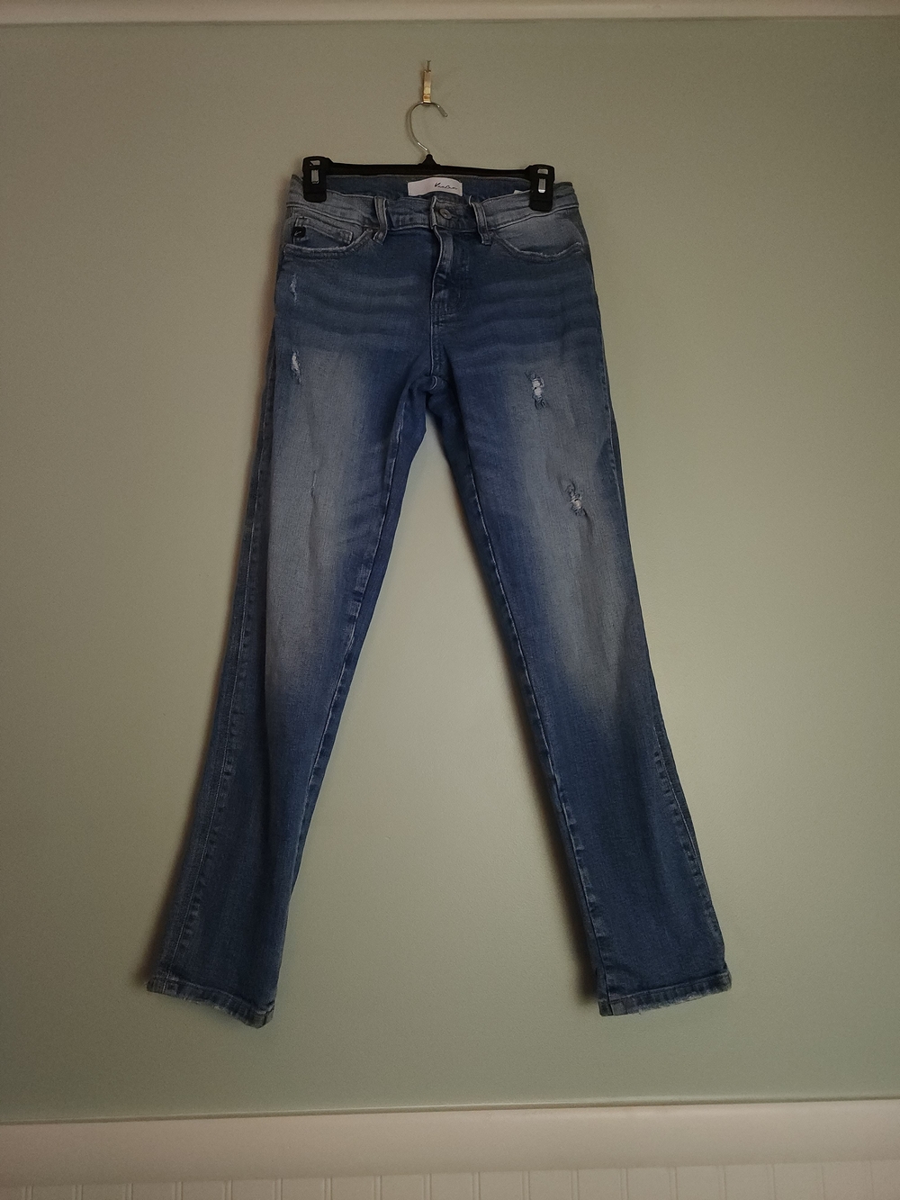 KanCan Women’s Straight Leg Light-Medium Blue Distressed Jeans
